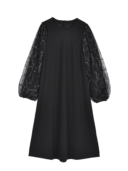 ﾊｰﾄ刺繍ﾁｭｰﾙｽﾘｰﾌﾞのﾌｪﾐﾆﾝﾜﾝﾋﾟｰｽ 詳細画像 ﾌﾞﾗｯｸ 1