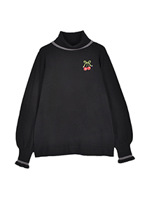 ハートチェリー刺繍のライン配色ニットプルオーバー