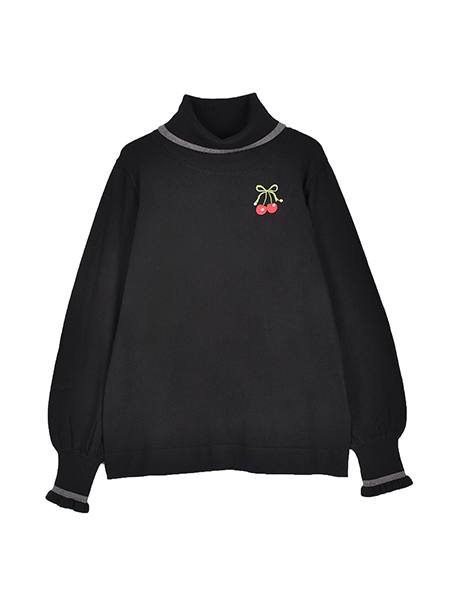 ﾊｰﾄﾁｪﾘｰ刺繍のﾗｲﾝ配色ﾆｯﾄﾌﾟﾙｵｰﾊﾞｰ 詳細画像 ﾌﾞﾗｯｸ 1