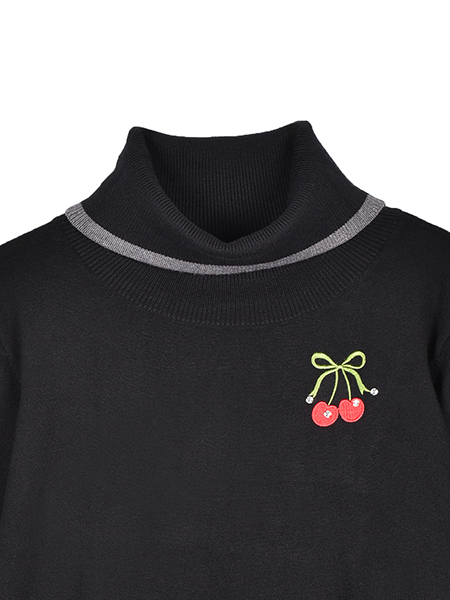 ﾊｰﾄﾁｪﾘｰ刺繍のﾗｲﾝ配色ﾆｯﾄﾌﾟﾙｵｰﾊﾞｰ 詳細画像 ﾌﾞﾗｯｸ 3