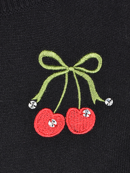 ﾊｰﾄﾁｪﾘｰ刺繍のﾗｲﾝ配色ﾆｯﾄﾌﾟﾙｵｰﾊﾞｰ 詳細画像 ﾌﾞﾗｯｸ 4