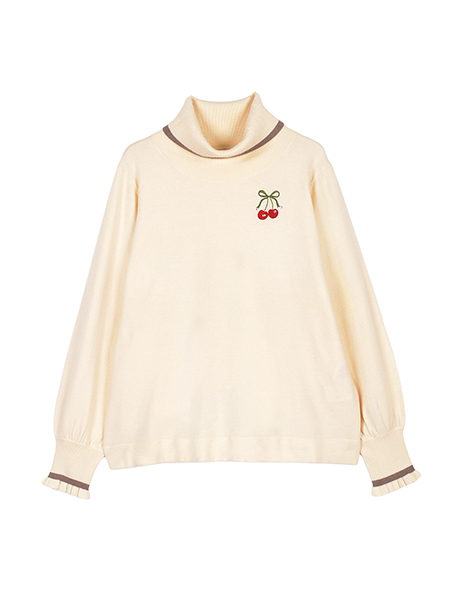 ﾊｰﾄﾁｪﾘｰ刺繍のﾗｲﾝ配色ﾆｯﾄﾌﾟﾙｵｰﾊﾞｰ 詳細画像 ｴｸﾘｭ 1